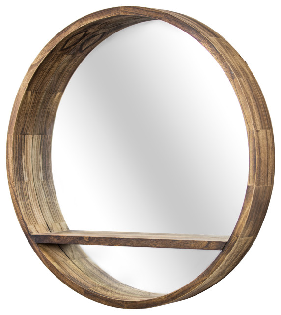 Round Wooden Wall Mirror With Storage, Wood Circle Mirror With Shelf