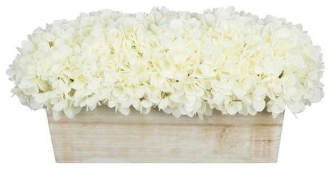 Artificial White Hydrangea in White-Washed Wood Ledge
