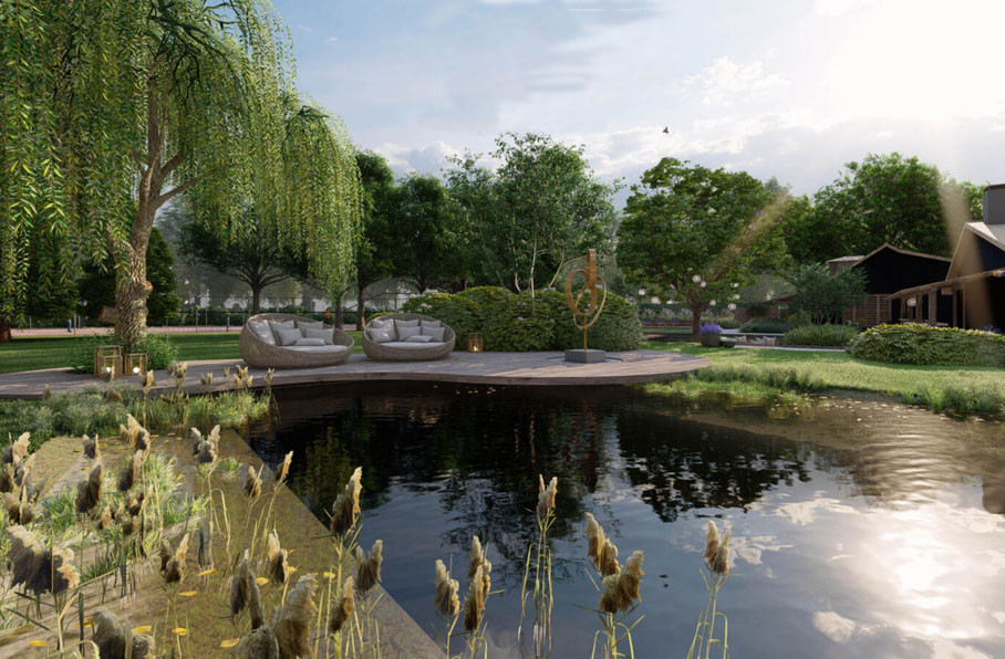 Проект участка с озером, бассейном и большой патио-зоной у дерева