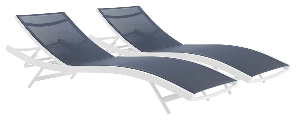 Glimpse Outdoor Patio Mesh Chaise Lounge Set of 2, White Navy