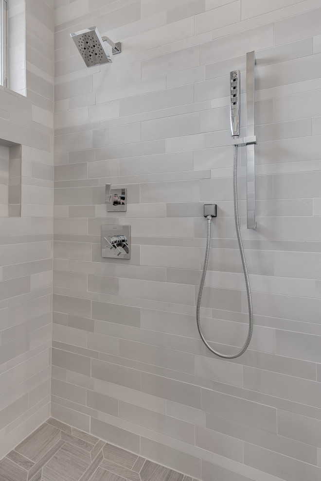 Inspiration for a large modern master bathroom in Austin with recessed-panel cabinets, white cabinets, a double shower, gray tile, mosaic tile, white walls, wood-look tile, an undermount sink, engineered quartz benchtops, grey floor, an open shower, grey benchtops, a double vanity and a built-in vanity.