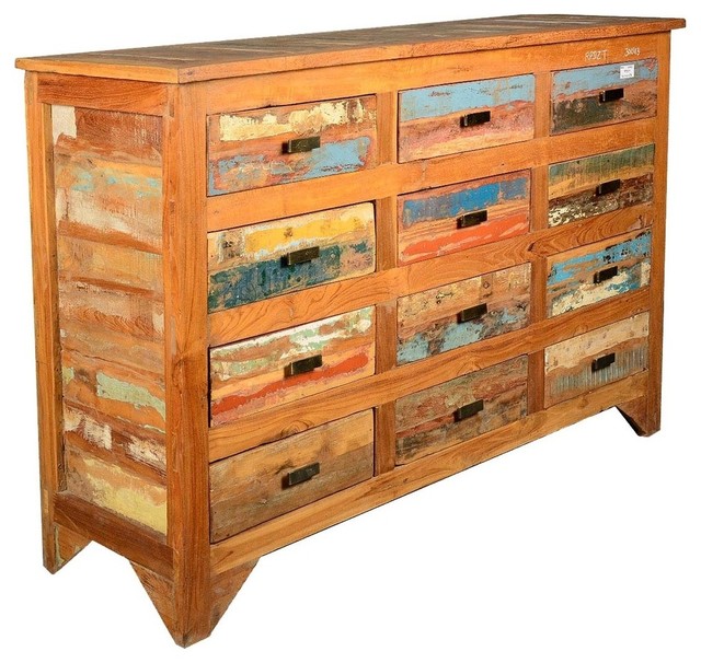 Multicolored Rustic Reclaimed Wood 12 Drawer Horizontal Dresser