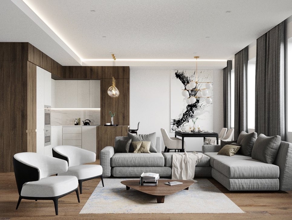 Современная гостиная совместно с кухней и столовой зоной