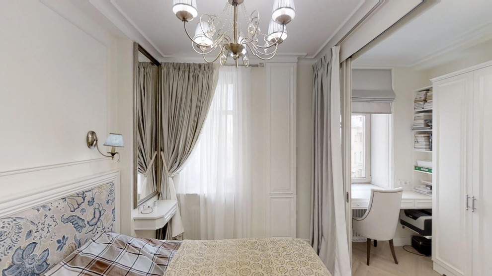 Mid-sized transitional master bedroom in Moscow with white walls, light hardwood floors and beige floor.