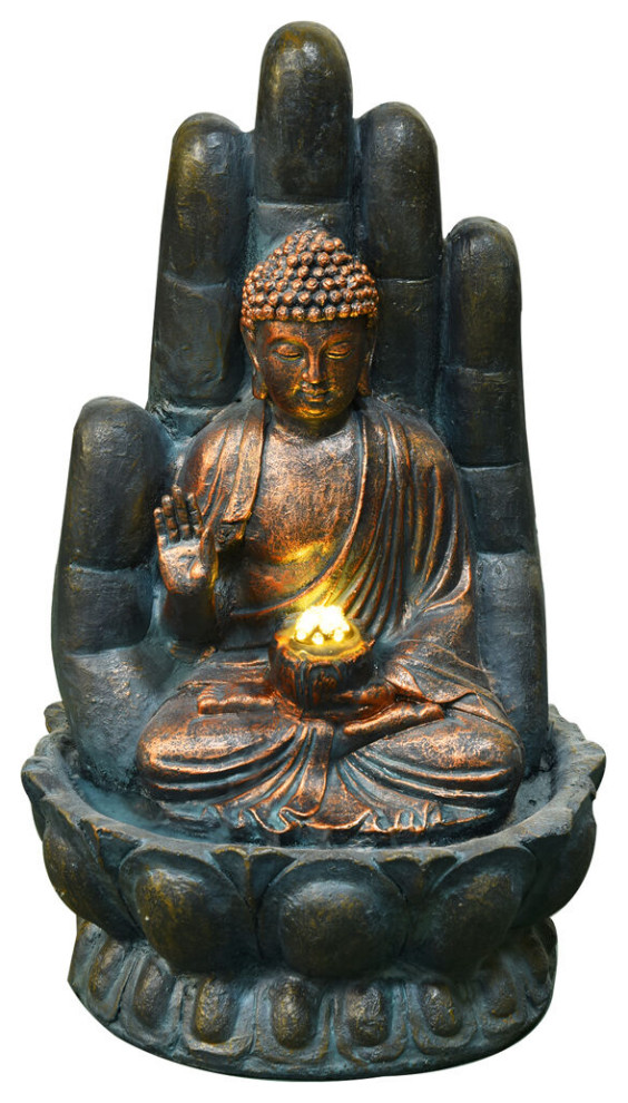 21" Buddha Hand of Protection Indoor/Outdoor Garden Fountain, LED Lights