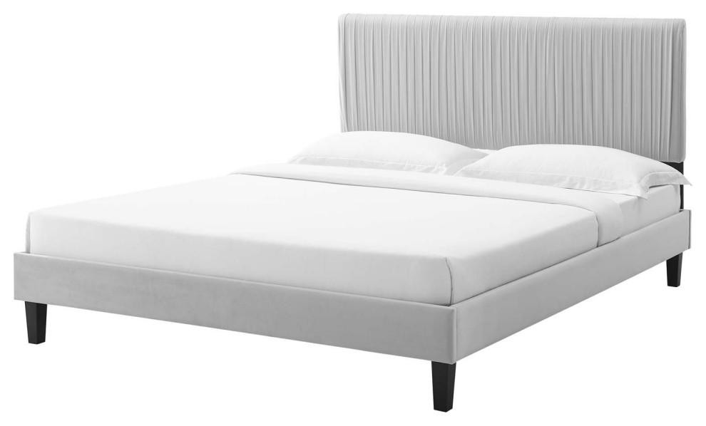 Platform Bed Frame, Queen Size, Velvet, Dark Grey Gray, Modern