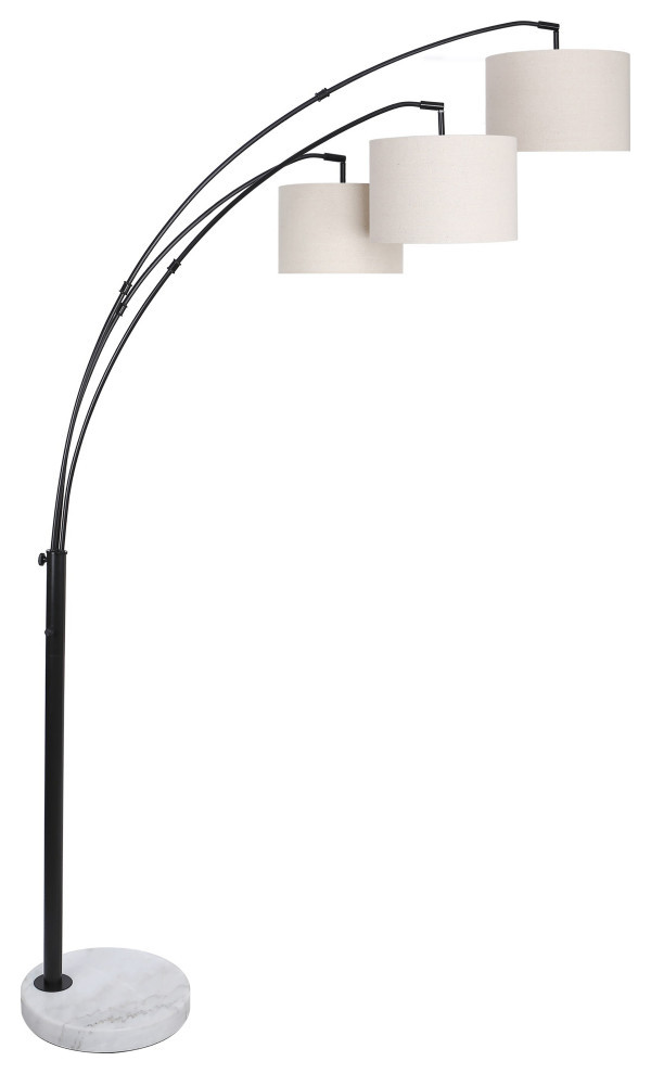 79" Oil Bronze Floor Lamp, 3 Lights, Arched Design, Natural Linen Drum