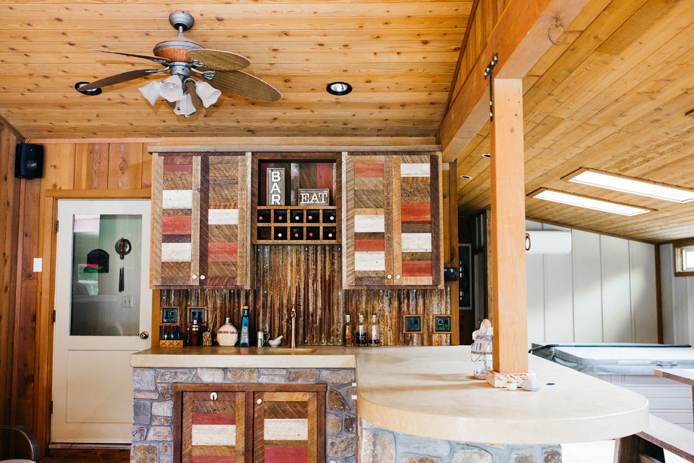 Mid-sized mountain style l-shaped ceramic tile and beige floor eat-in kitchen photo with an integrated sink, shaker cabinets, medium tone wood cabinets, brown backsplash, wood backsplash and a peninsula