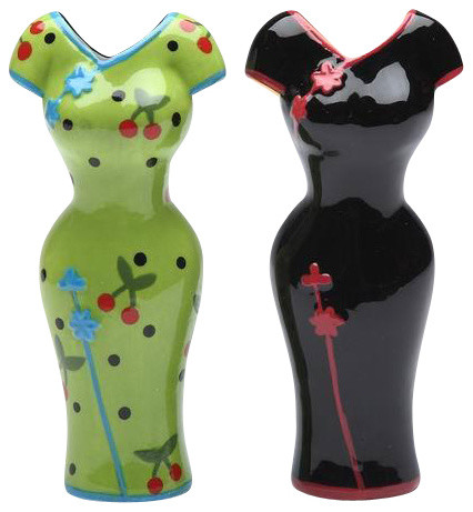 3.5 Inch Green and Black Cheongsam Salt and Pepper Shakers