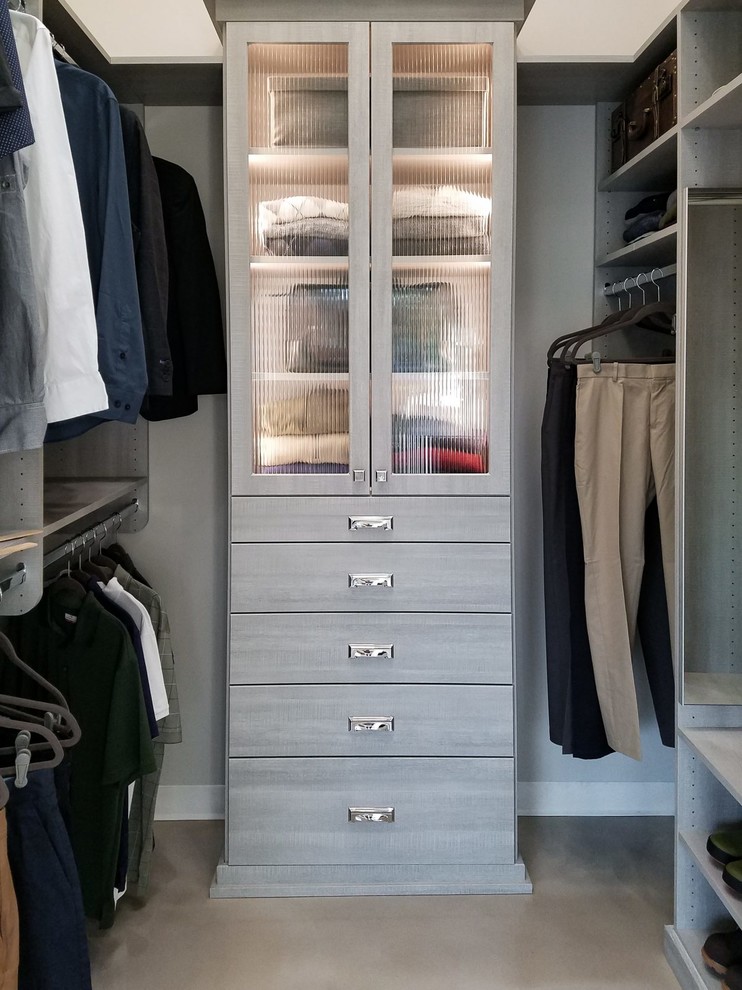 Walk-in closet - contemporary gender-neutral carpeted and beige floor walk-in closet idea with flat-panel cabinets and gray cabinets