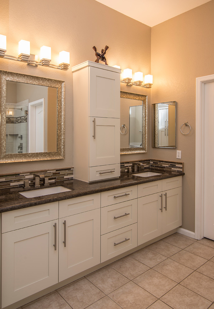 Inspiration for a large transitional master bathroom in Phoenix with shaker cabinets, white cabinets, a drop-in tub, a corner shower, beige tile, porcelain tile, beige walls, an undermount sink, engineered quartz benchtops and porcelain floors.