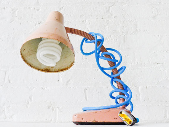 Vintage Industrial Desk Lamp, Pale Pink With Baby Blue