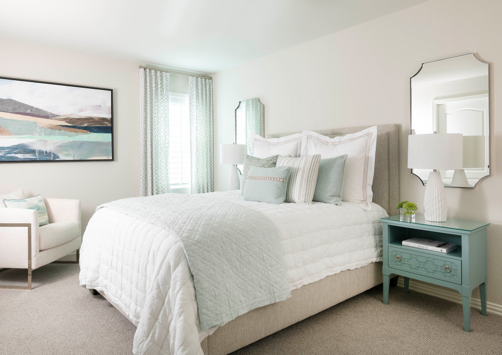 This is an example of a beach style guest bedroom in Dallas with white walls, carpet, no fireplace and beige floor.