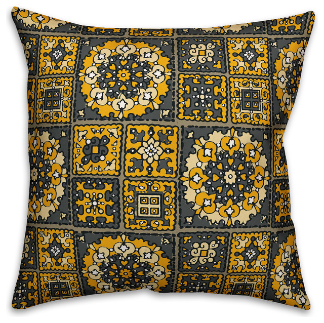 Patchwork Mandala, Yellow and Gray Throw Pillow Cover, 18"x18" Contemporary Decorative