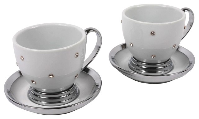 Porcelain and Diamond Tea Cup and Saucers, Set of 2