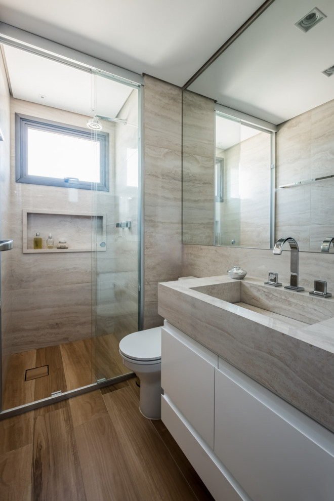Small contemporary master bathroom in Other with beige tile, ceramic tile, an integrated sink, beige benchtops, a niche, a single vanity, flat-panel cabinets, white cabinets, an alcove shower, wood-look tile, brown floor, a sliding shower screen and a floating vanity.