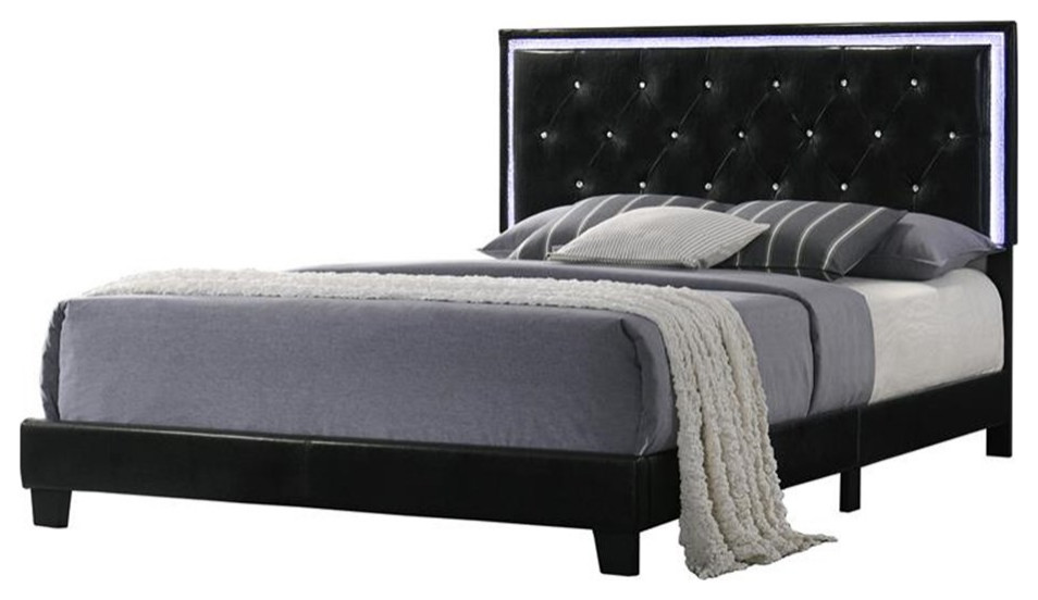 Maklaine Black Faux Leather Panel Bed with LED Light Up Headboard in