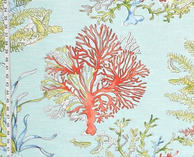 Aqua Coral Fabric Ocean Reef Turtle Beach Style Drapery Fabric by