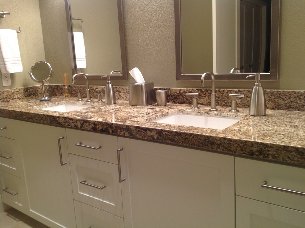 Bathroom - large transitional master beige floor bathroom idea with shaker cabinets, white cabinets, white walls and an undermount sink