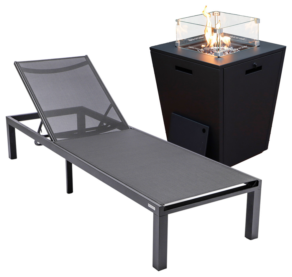 LeisureMod Marlin Black Patio Chaise Lounge Chair with Fire Pit Table