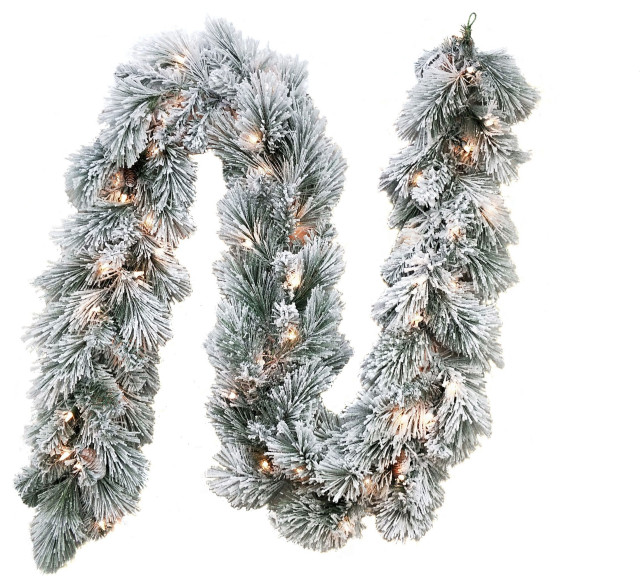 9' PreLit Clear Incandescent Flocked Garland, 9' Wreaths And