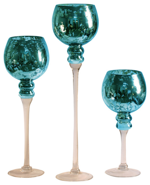 Privilege 3 Piece Mercury Glass Stem Vases in Blue Finish 37005