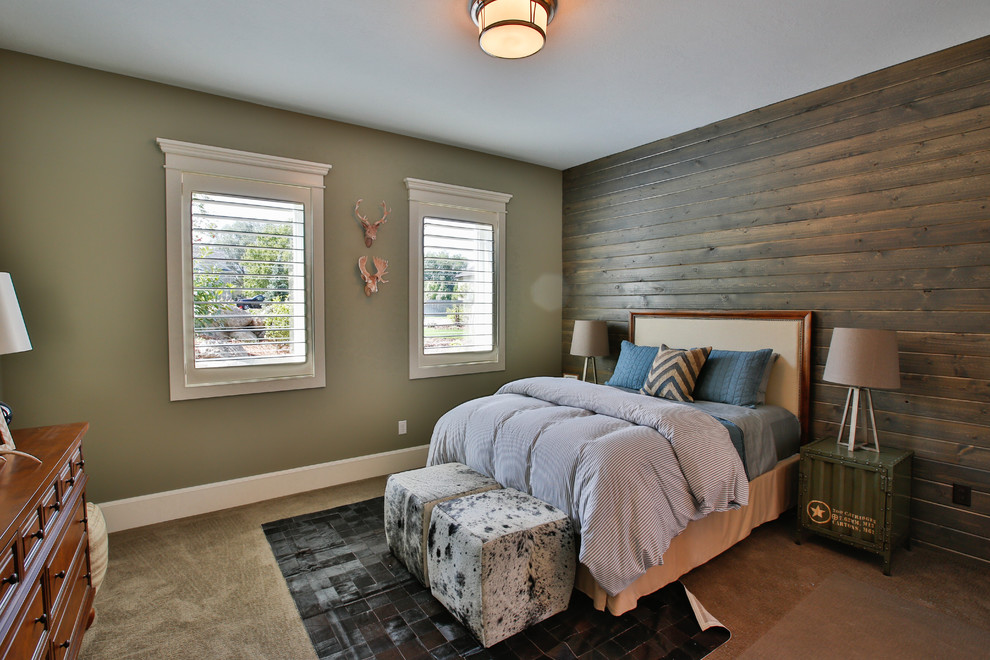 Design ideas for a large transitional gender-neutral kids' room in Salt Lake City with carpet and brown walls.