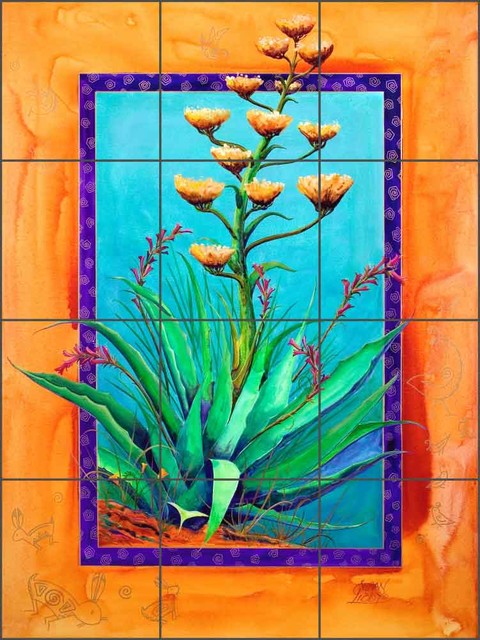 Ceramic Tile Mural Backsplash, Blooming Agave by Susan Libby, 24"x32"