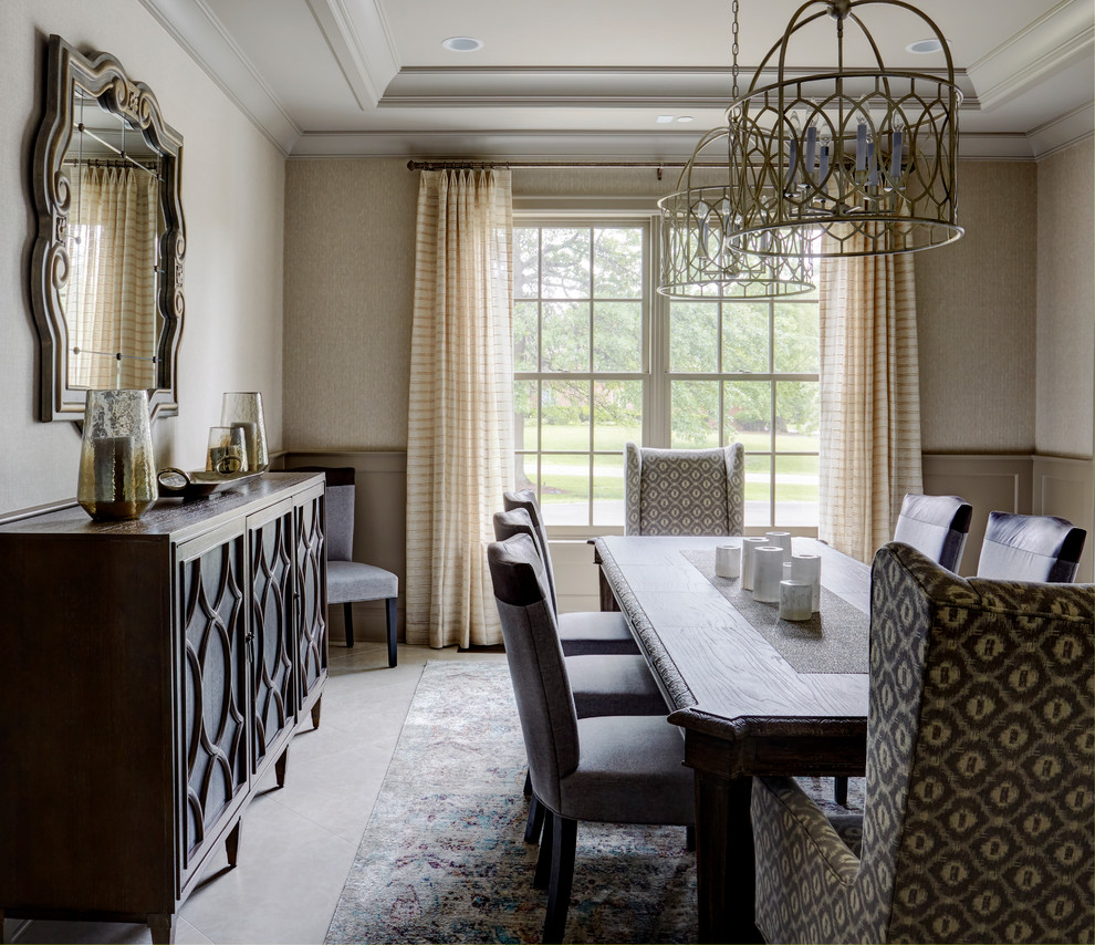 Kitchen/dining room combo - mid-sized transitional ceramic tile and gray floor kitchen/dining room combo idea with beige walls and no fireplace