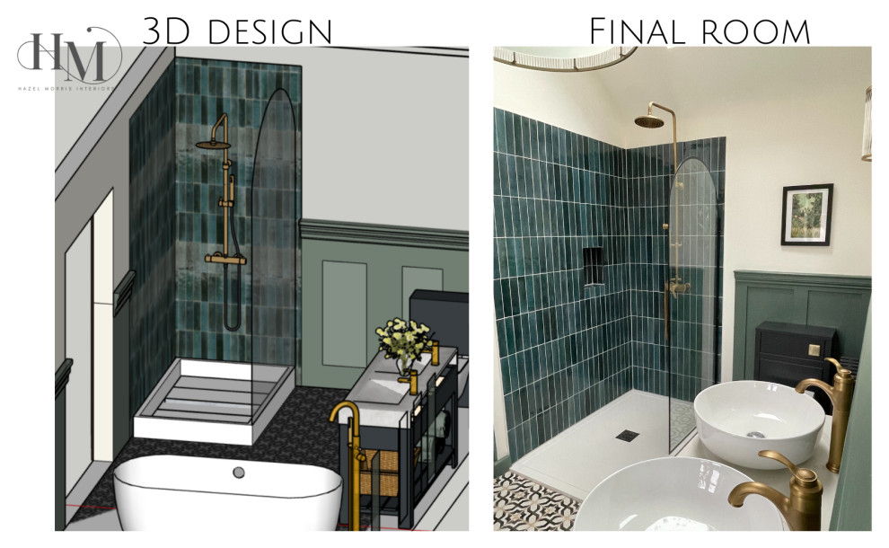 This is an example of a mid-sized modern master bathroom in Buckinghamshire with flat-panel cabinets, black cabinets, a freestanding tub, an open shower, a one-piece toilet, green tile, porcelain tile, green walls, ceramic floors, a vessel sink, quartzite benchtops, multi-coloured floor, an open shower, grey benchtops, a double vanity, a freestanding vanity, vaulted and panelled walls.