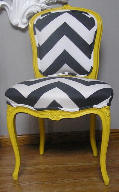 Yellow And Charcoal Chevron French Provincial Side Chair By Upcycled Home