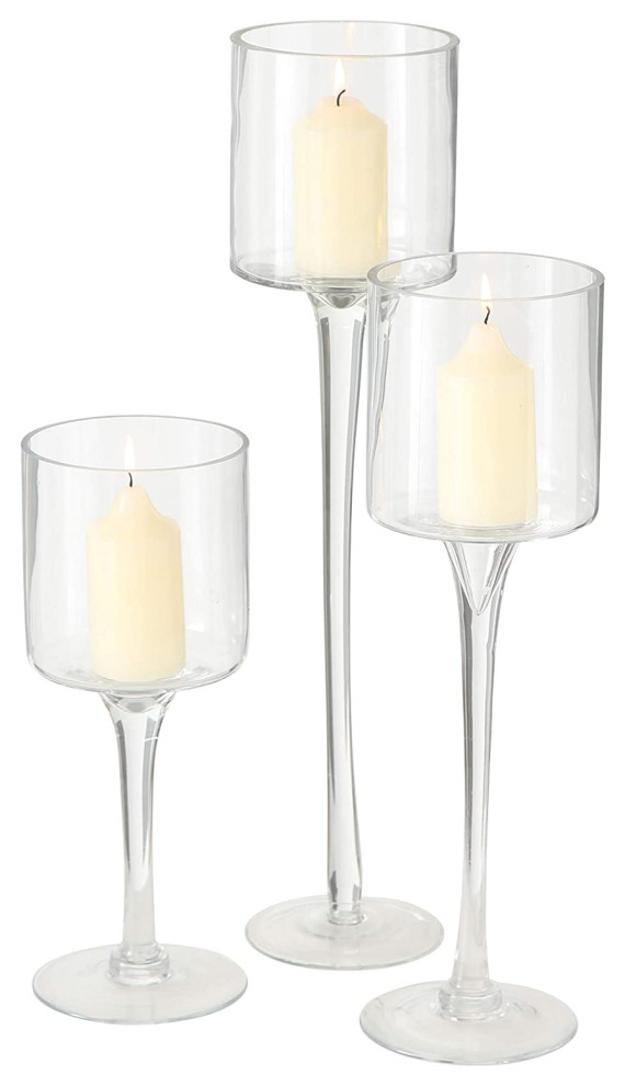 Set of 3 Oversized Hamptons Long Stem Goblet Candle Holders, Crystal