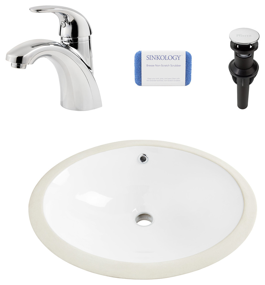 Louis Oval Undermount Bathroom Sink, White, Parisa Polished Chrome Faucet
