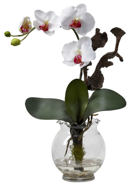 Mini Phalaenopsis With Fluted Vase Silk Flower Arrangement, White