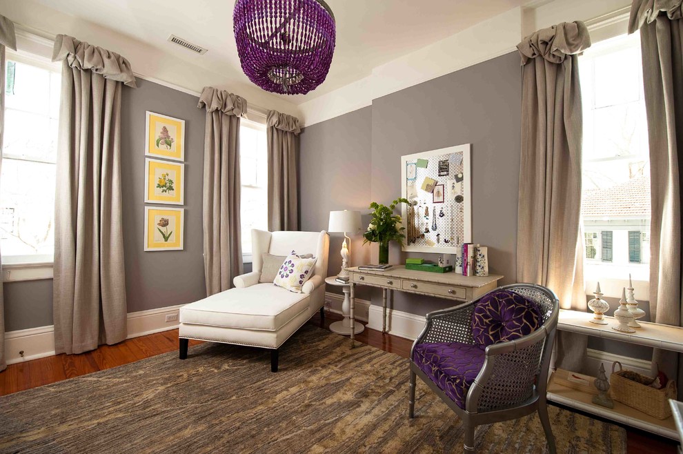 Inspiration for an eclectic home office in DC Metro with grey walls and dark hardwood floors.