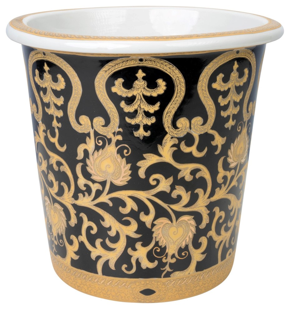 Black and Gold Tapestry Porcelain Planter, 10" Asian Indoor Pots