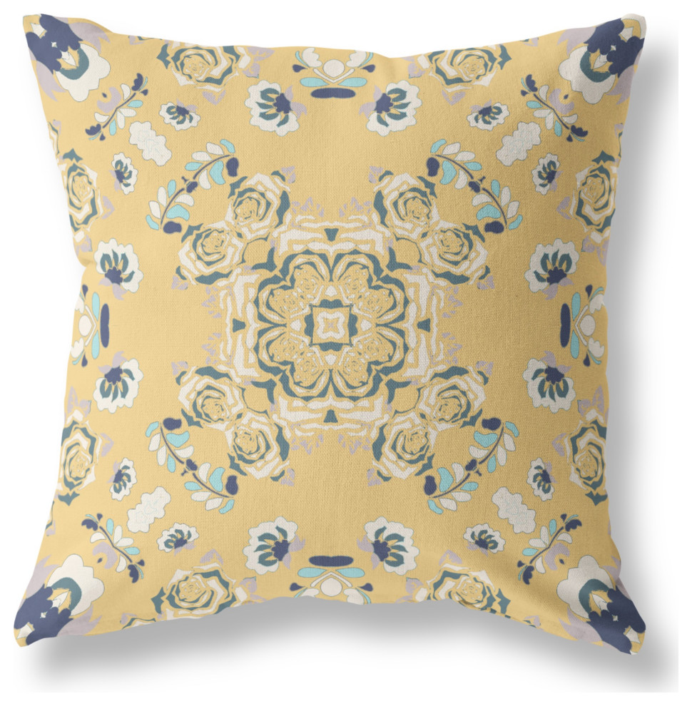 Rose Wreath Broadcloth Indoor Outdoor Blown And Closed Pillow, Yellow Blue