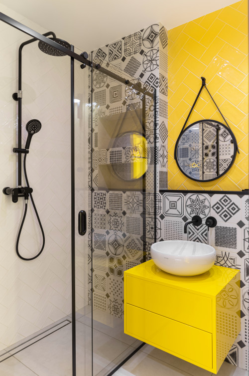 Yellow Herringbone Joy: Contemporary Bathroom Ideas in Vibrant Colors