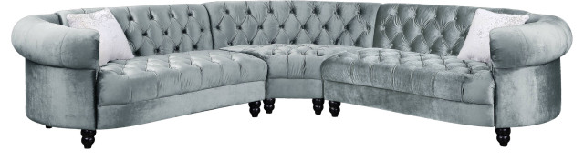 ACME Qulan Sectional Sofa With2 Pillows, Light Blue Velvet