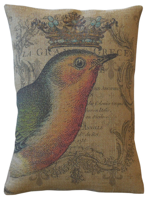 French Robin Burlap Pillow 12 X16 Contemporary Decorative