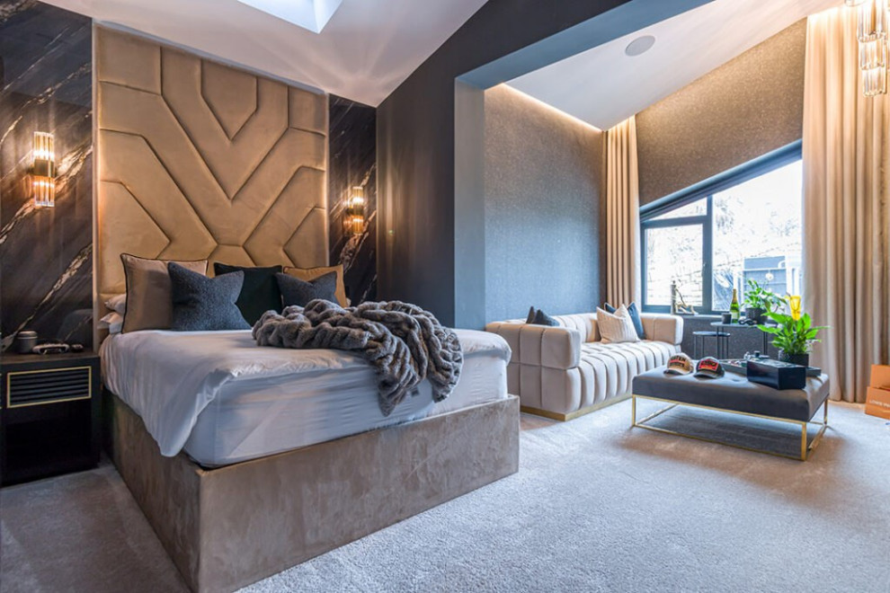 Mid-sized minimalist guest carpeted, gray floor, wood ceiling and wall paneling bedroom photo in London with black walls, no fireplace and a concrete fireplace