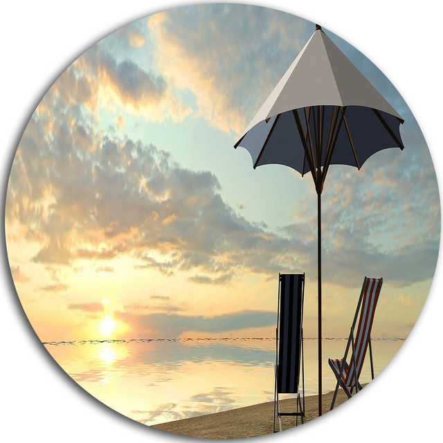 Deck Chairs And Umbrella On Beach, Seascape Disc Metal Wall Art Beach