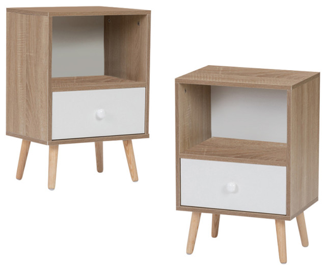 Set of 2 Wood Nightstand With Drawer and Shelf Natural Midcentury Nightstands And Bedside
