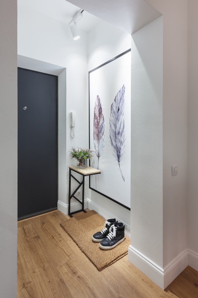 Inspiration for a small contemporary front door in Yekaterinburg with white walls, laminate floors, a single front door and a black front door.