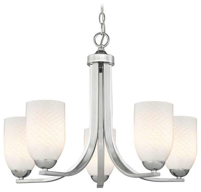 Modern Chrome Chandelier With White Art, Five Light Polished Chrome Chandelier