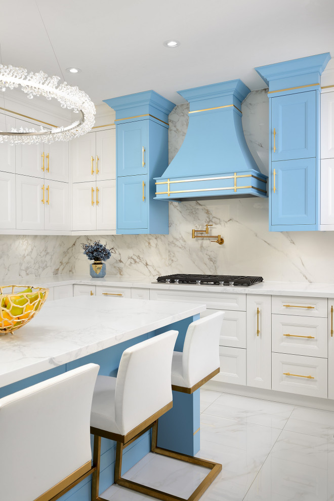 Design ideas for a separate kitchen in Toronto with a drop-in sink, flat-panel cabinets, blue cabinets, marble benchtops, white splashback, marble splashback, marble floors, with island, white floor and white benchtop.