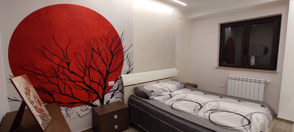 Источник вдохновения для домашнего уюта: хозяйская спальня среднего размера в стиле модернизм с полом из керамогранита и бежевым полом