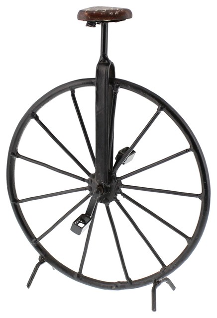 Old Fashioned Antique-Style Unicycle Bicycle Statue, Retro Vintage Iron Wood