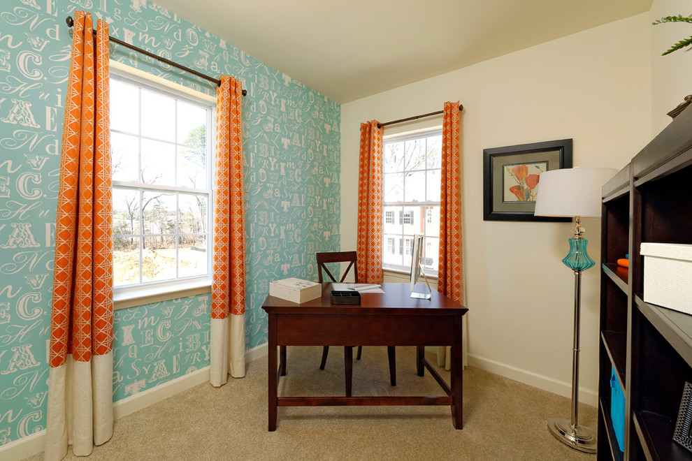 Inspiration for a small transitional study room in Baltimore with carpet, a freestanding desk and blue walls.