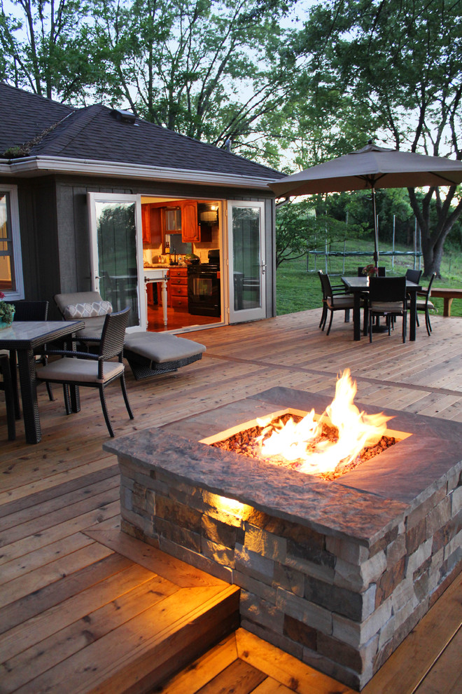 Inspiration for a large contemporary backyard deck in Kansas City with a fire feature and no cover.
